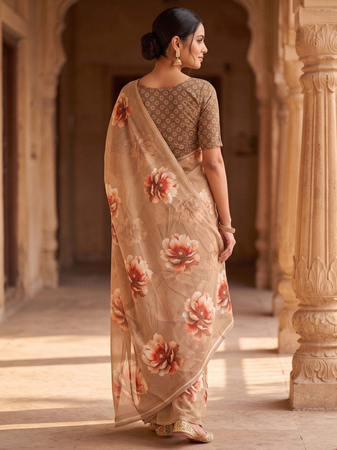 Peachmode Beige Peony Floral Weightless Georgette Digital Printed Saree - Image 4