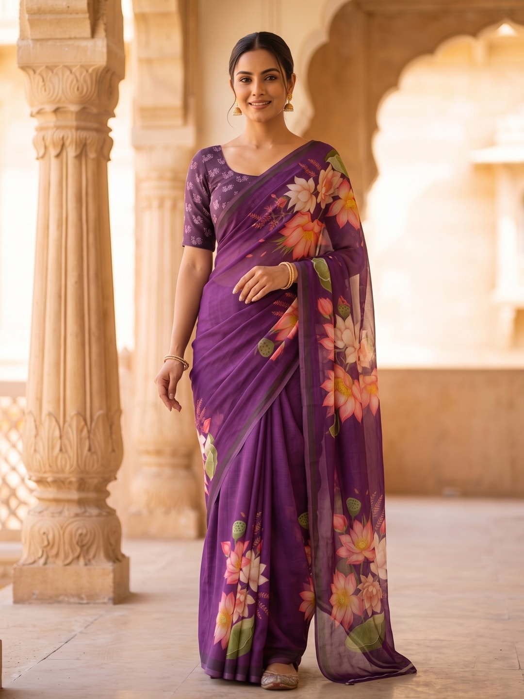 Peachmode Purple Lotus Floral Weightless Georgette Digital Printed Saree - Image 1