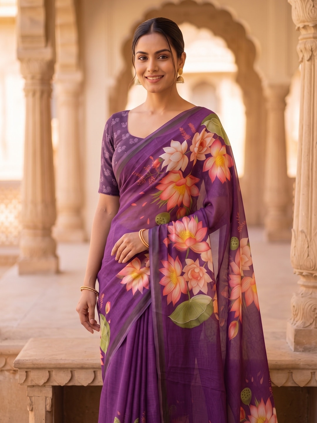 Peachmode Purple Lotus Floral Weightless Georgette Digital Printed Saree - Image 2