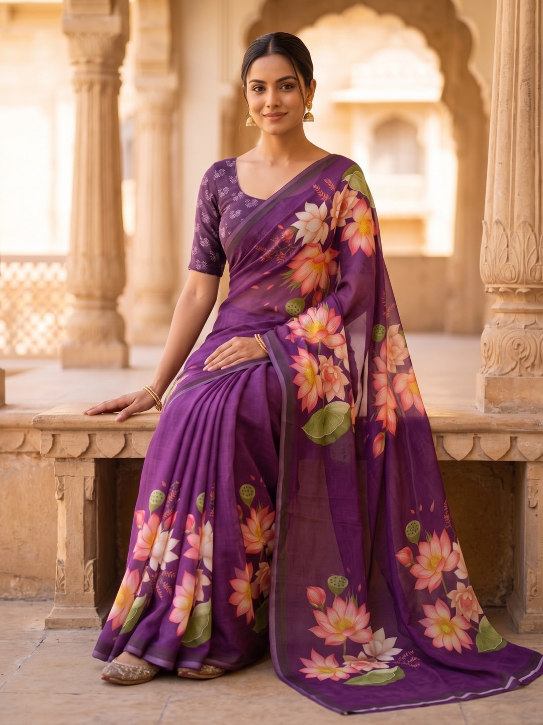 Peachmode Purple Lotus Floral Weightless Georgette Digital Printed Saree - Image 3
