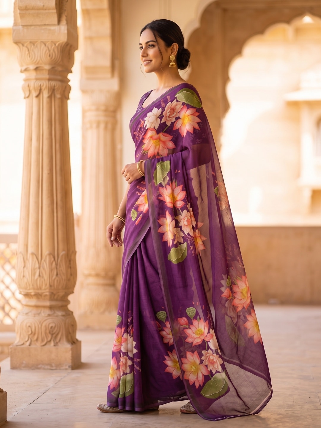 Peachmode Purple Lotus Floral Weightless Georgette Digital Printed Saree - Image 5
