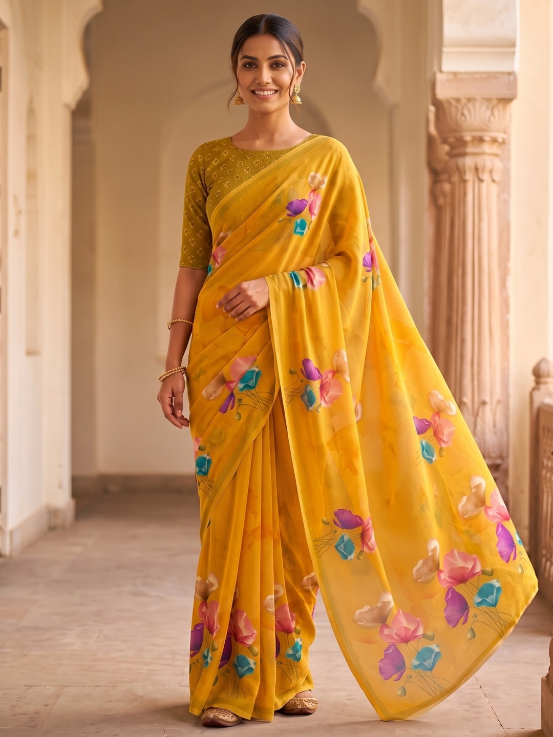 Peachmode Mustard Watercolour Bloom Weightless Georgette Digital Printed Saree - Image 1