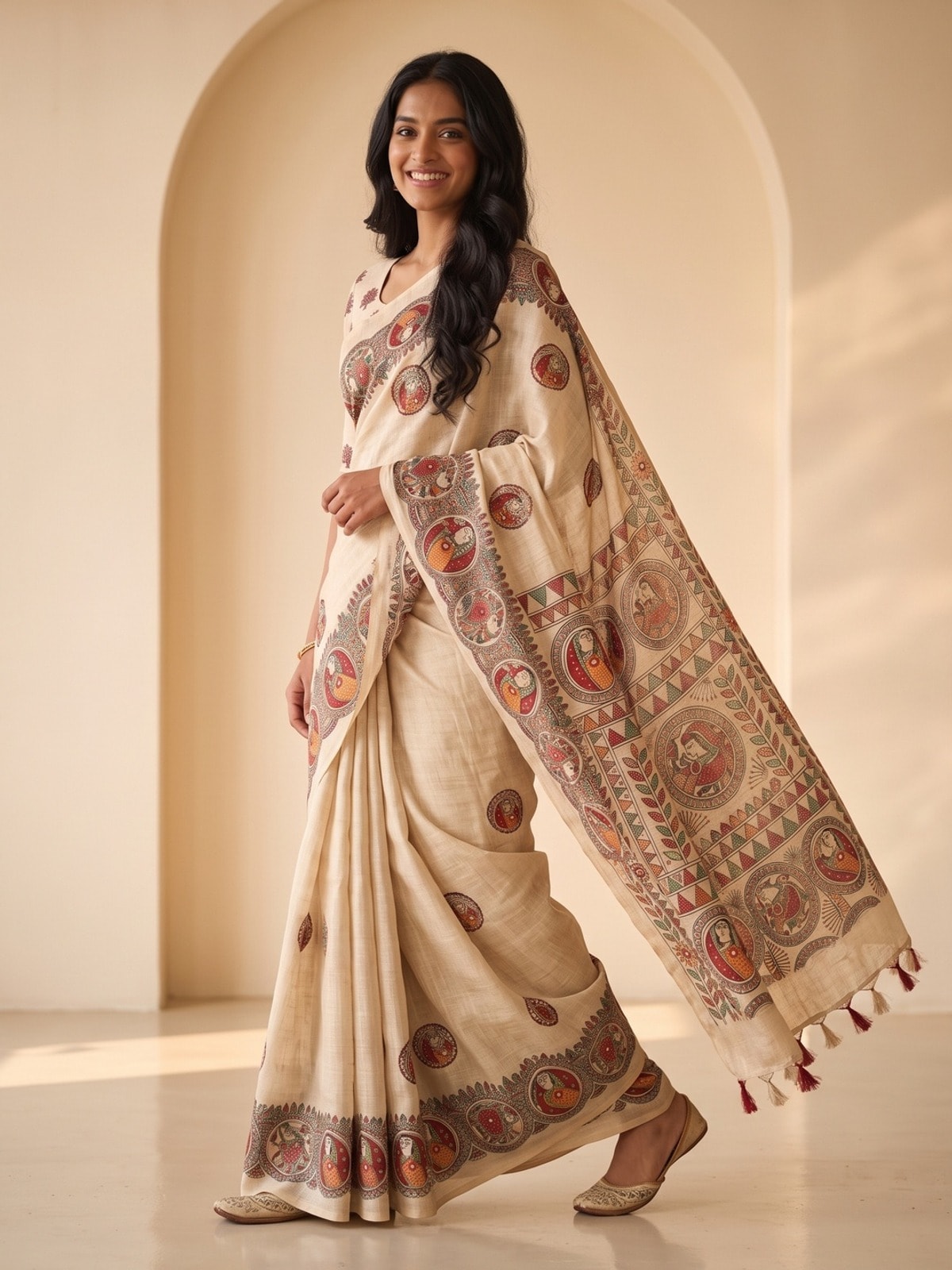 Peachmode Cream Pure Linen Chennur Print Saree With Thread Mirror Work And Tassels - Image 2