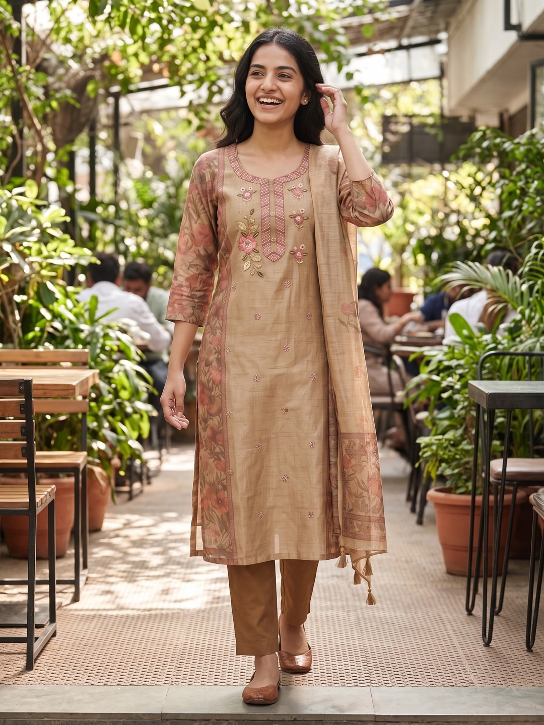 Peachmode Beige Linen Shimmer Digital Print Salwar Suit with Bead Embroidery - Image 2