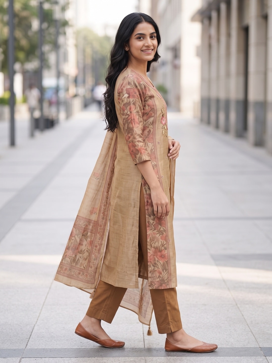 Peachmode Beige Linen Shimmer Digital Print Salwar Suit with Bead Embroidery - Image 3