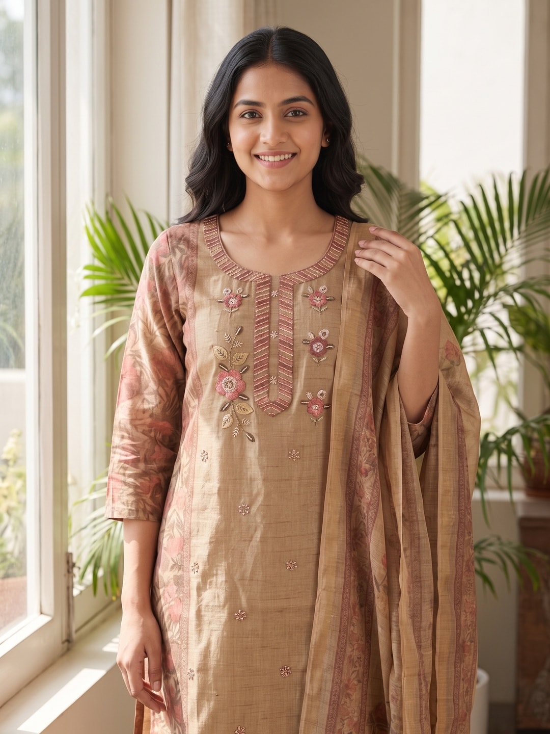 Peachmode Beige Linen Shimmer Digital Print Salwar Suit with Bead Embroidery - Image 5