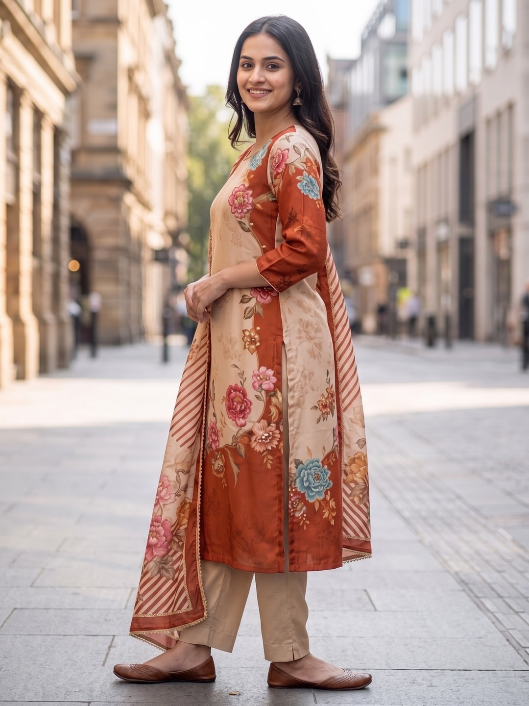 Peachmode Rust Beige Pure Muslin Printed Salwar Suit with Dupatta - Image 3