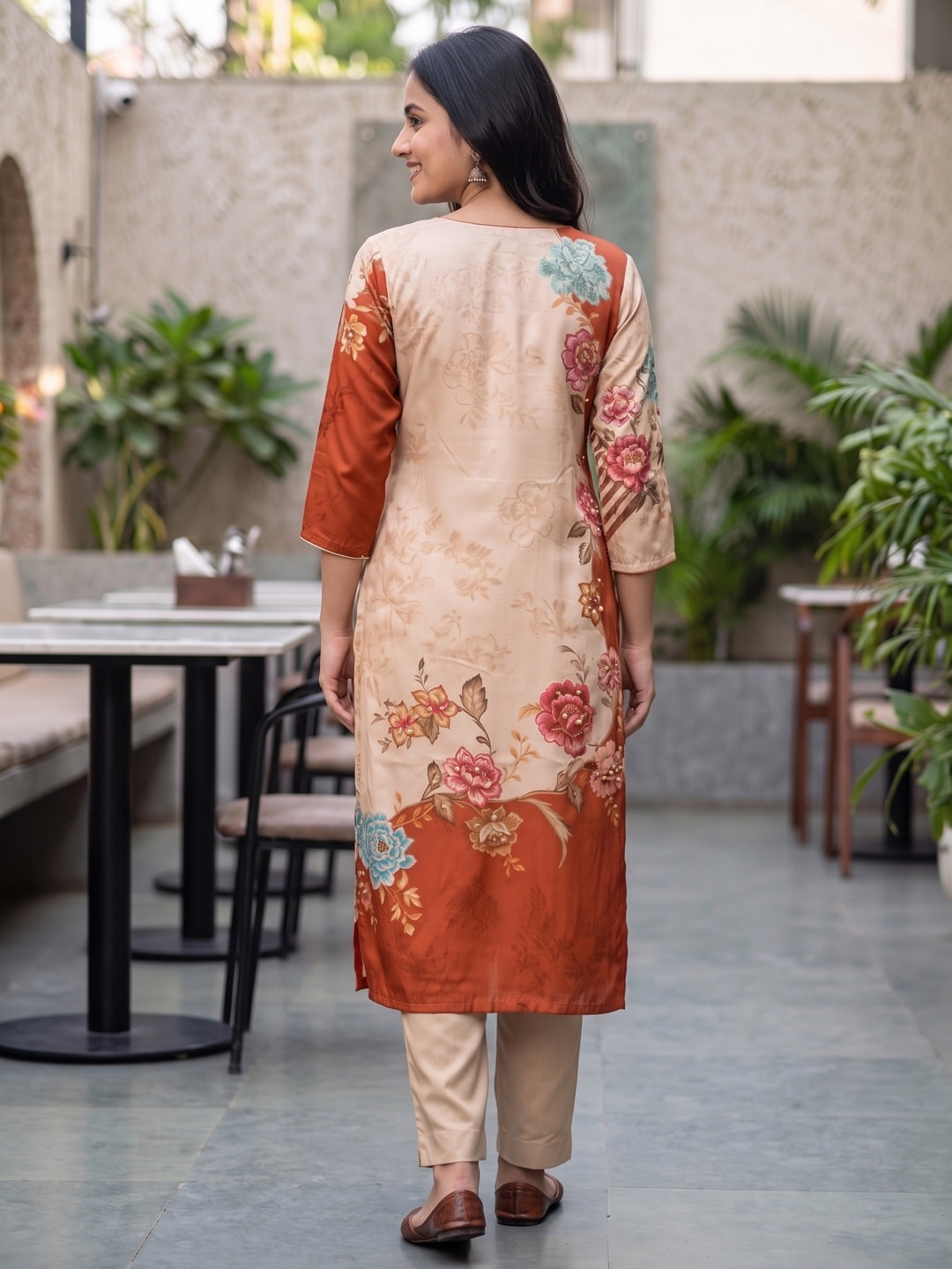 Peachmode Rust Beige Pure Muslin Printed Salwar Suit with Dupatta - Image 4