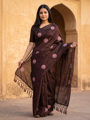 Peachmode Brown Rose Embroidered Vichitra Silk Saree - Image 1