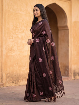 Peachmode Brown Rose Embroidered Vichitra Silk Saree - Image 2