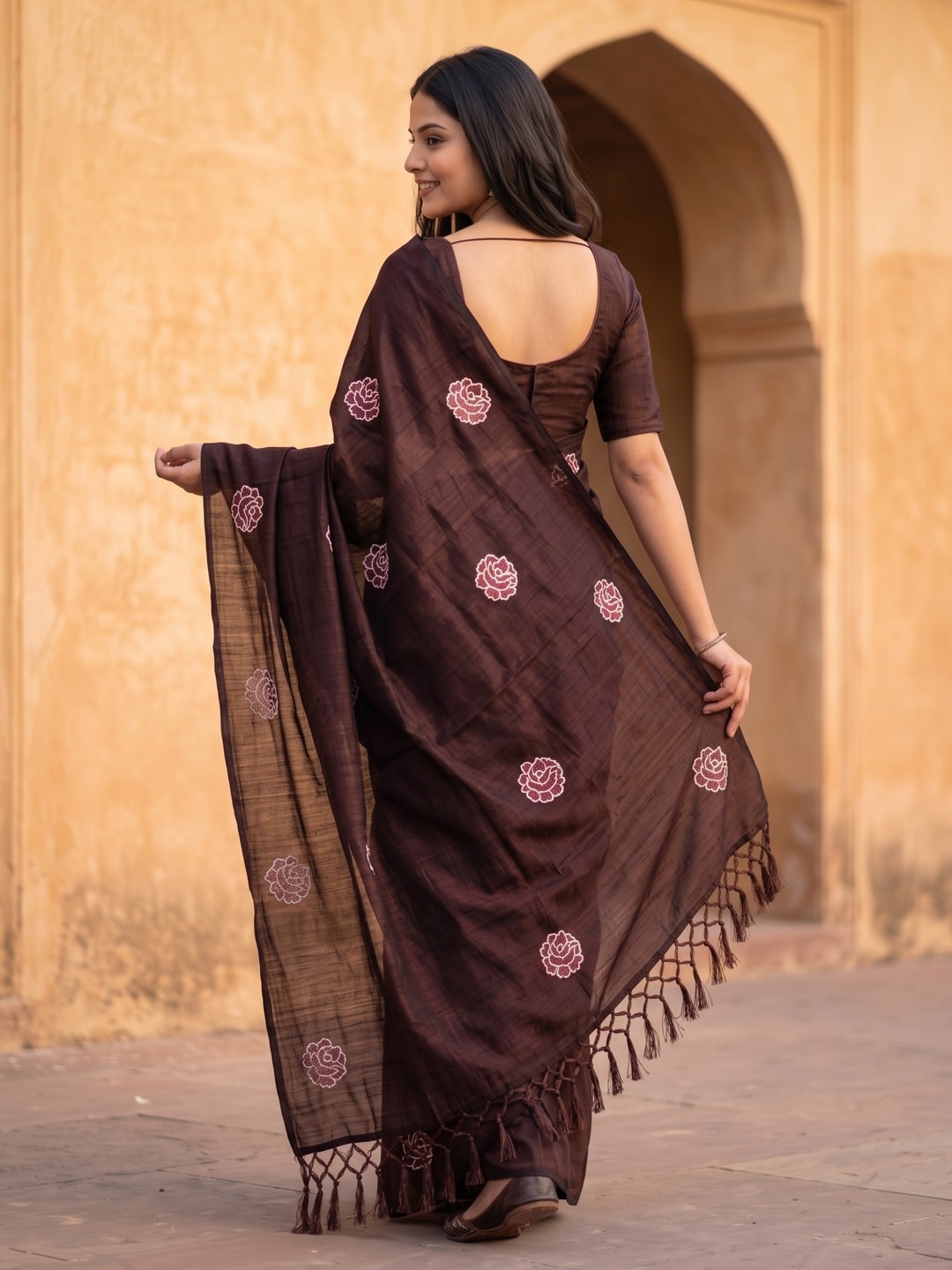 Peachmode Brown Rose Embroidered Vichitra Silk Saree - Image 4