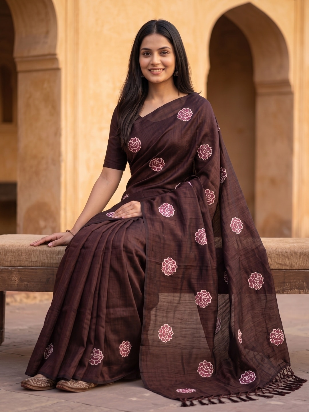 Peachmode Brown Rose Embroidered Vichitra Silk Saree - Image 5