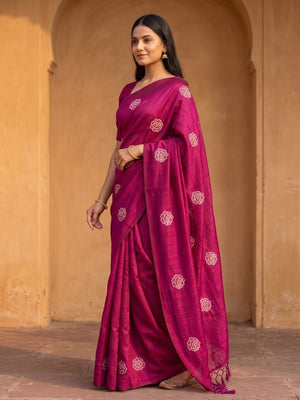 Peachmode Magenta Rose Embroidered Vichitra Silk Saree - Image 2
