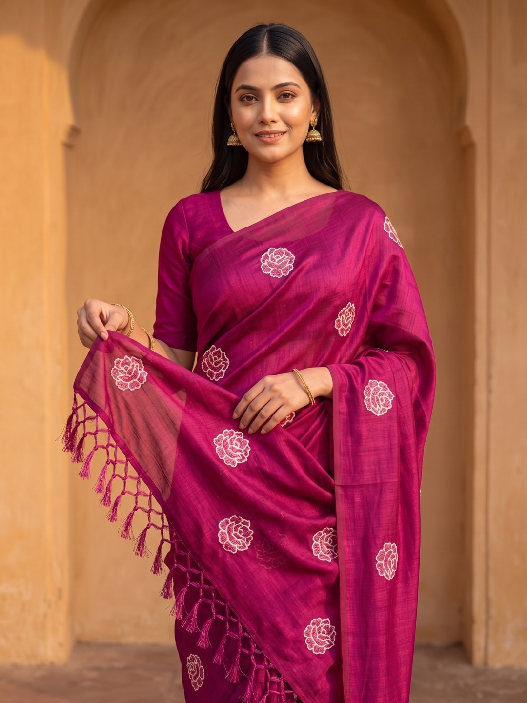 Peachmode Magenta Rose Embroidered Vichitra Silk Saree - Image 3