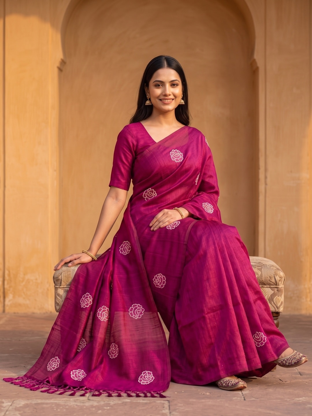 Peachmode Magenta Rose Embroidered Vichitra Silk Saree - Image 5