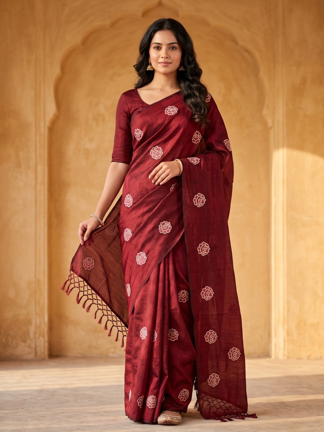 Peachmode Maroon Rose Embroidered Vichitra Silk Saree - Image 1