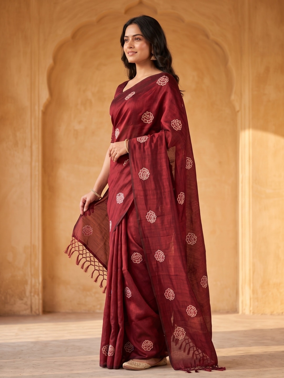 Peachmode Maroon Rose Embroidered Vichitra Silk Saree - Image 2