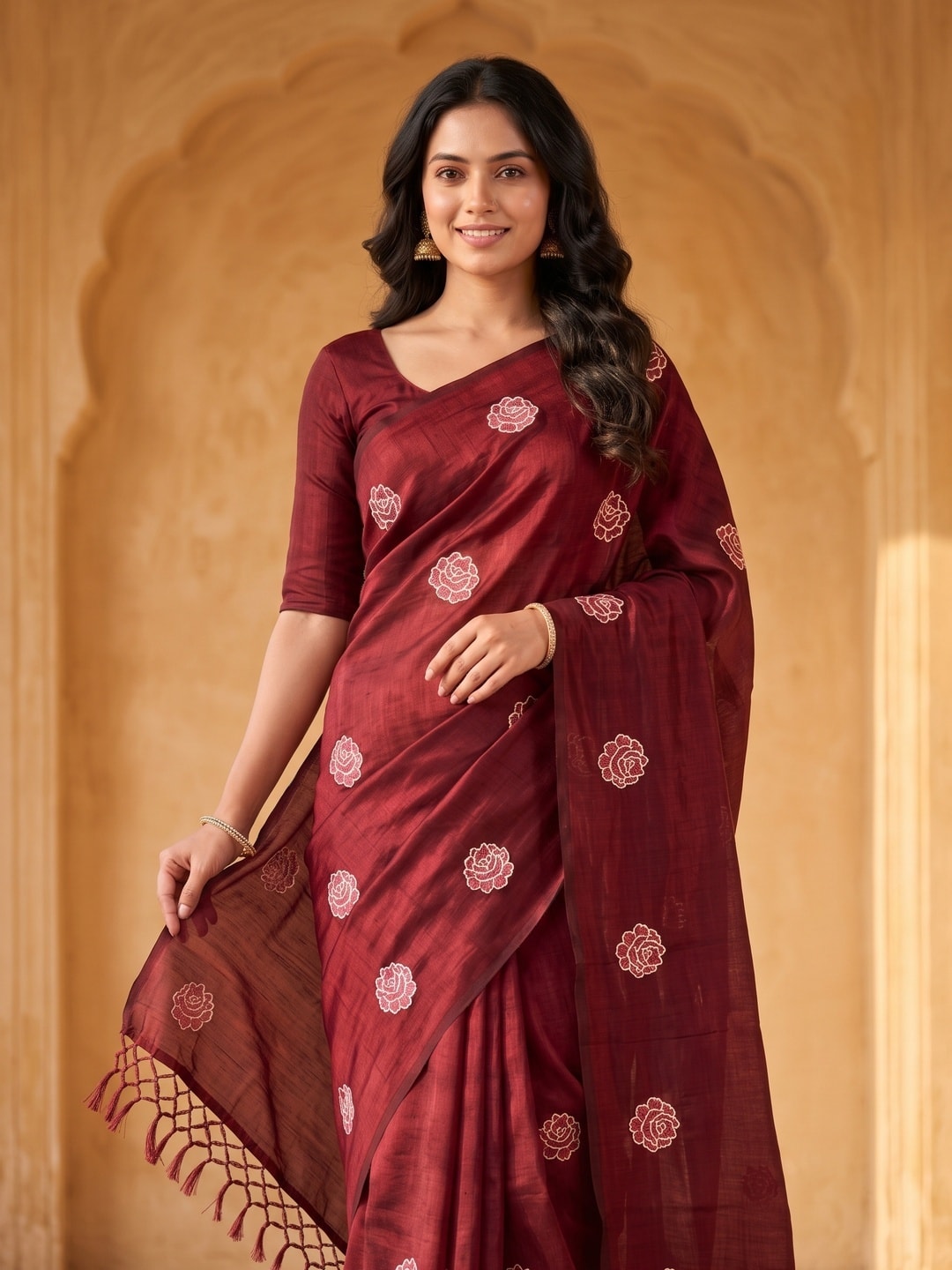 Peachmode Maroon Rose Embroidered Vichitra Silk Saree - Image 3