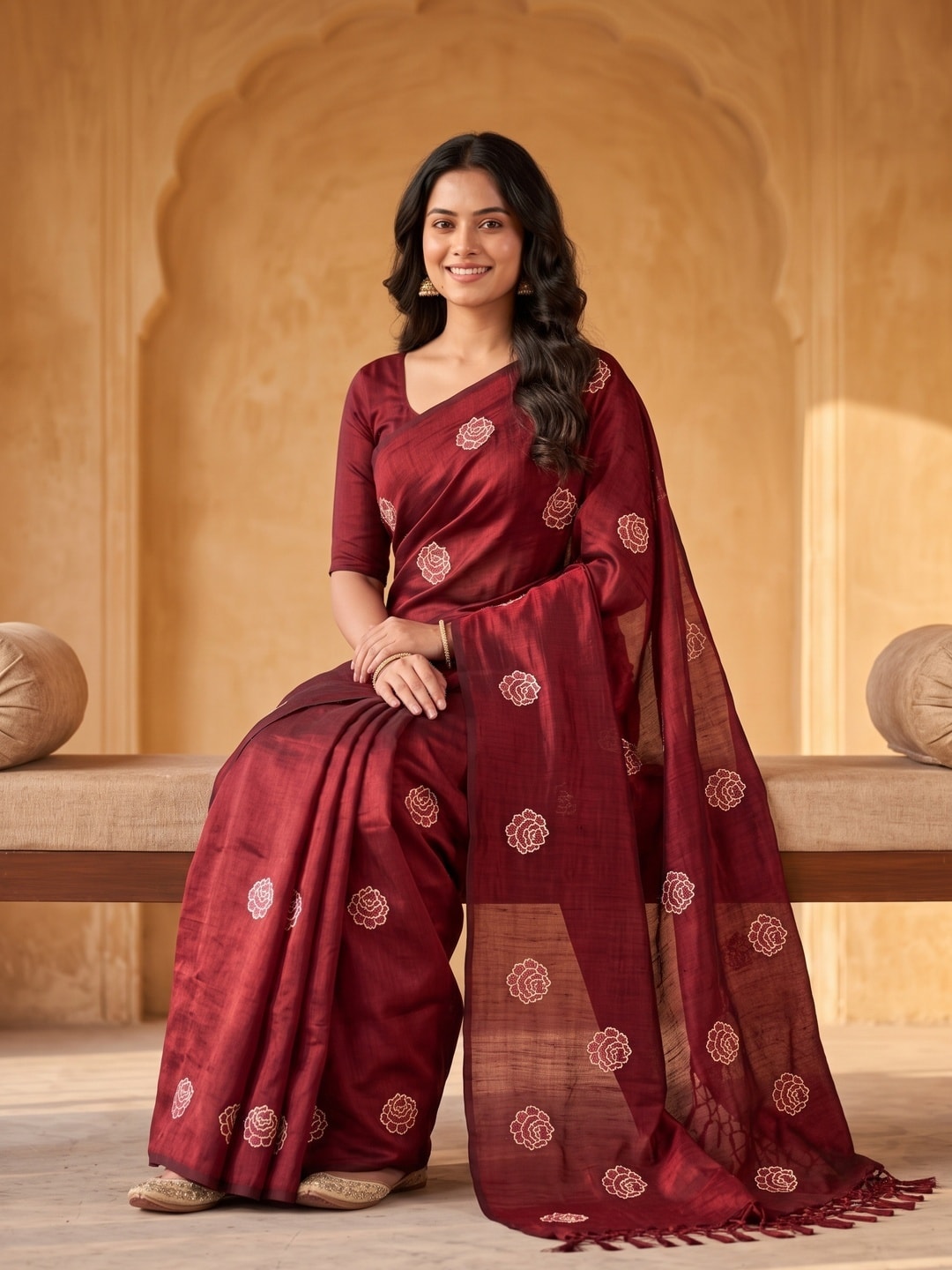 Peachmode Maroon Rose Embroidered Vichitra Silk Saree - Image 5