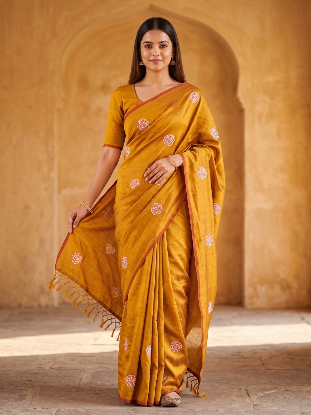 Peachmode Mustard Rose Embroidered Vichitra Silk Saree - Image 1
