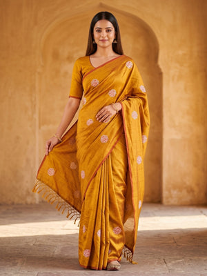 Peachmode Mustard Rose Embroidered Vichitra Silk Saree - Image 1