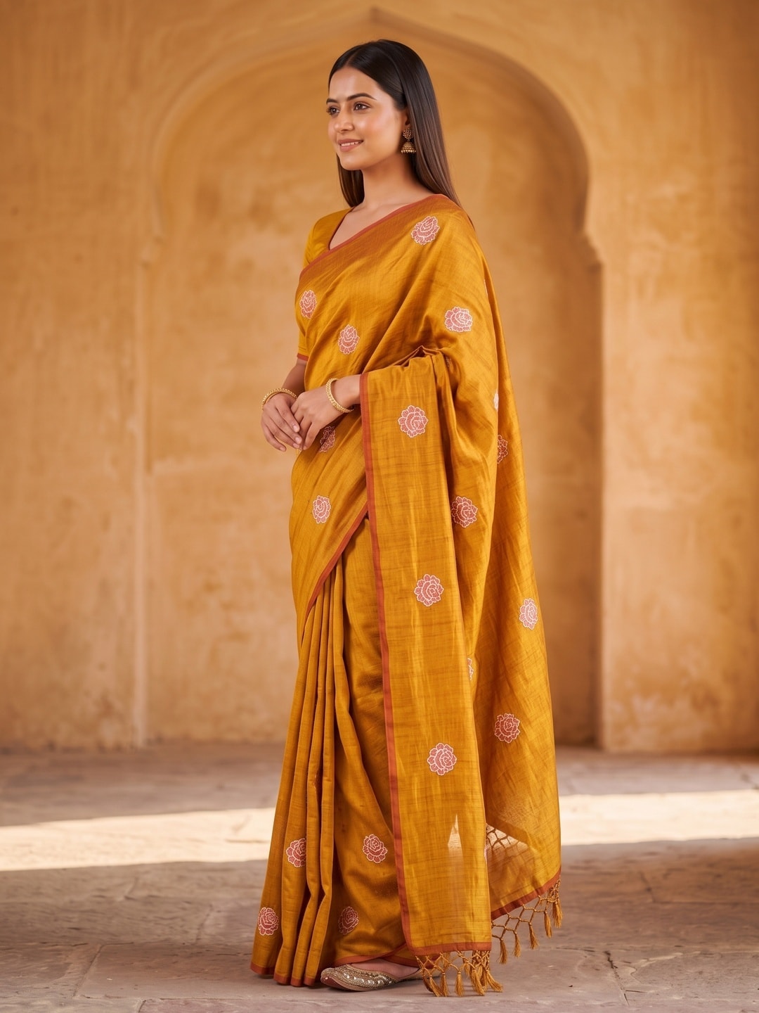 Peachmode Mustard Rose Embroidered Vichitra Silk Saree - Image 2