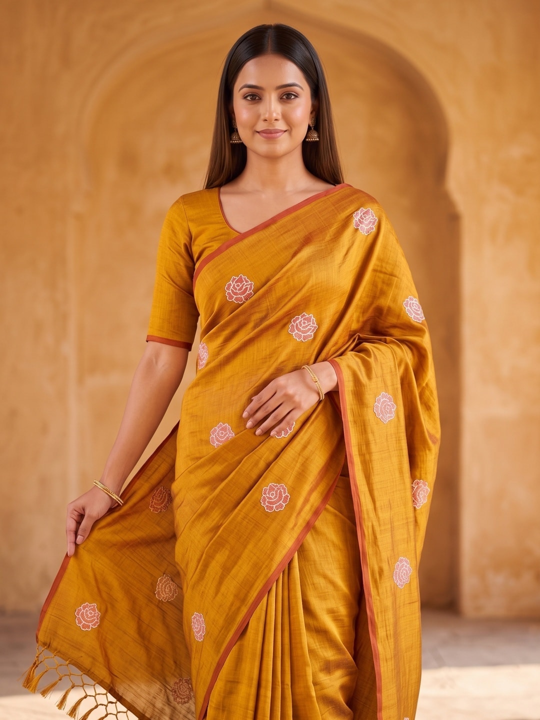 Peachmode Mustard Rose Embroidered Vichitra Silk Saree - Image 3