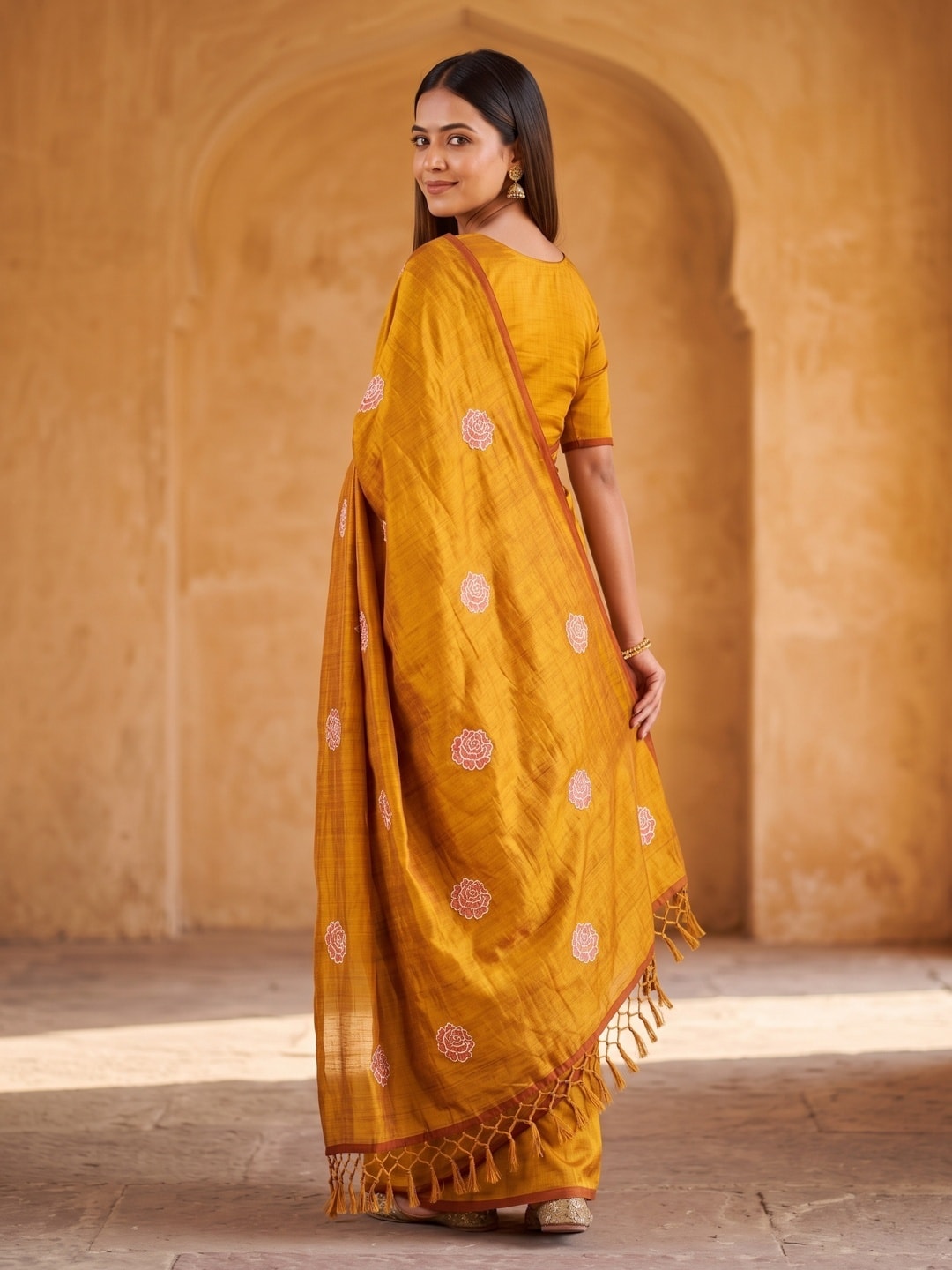Peachmode Mustard Rose Embroidered Vichitra Silk Saree - Image 4