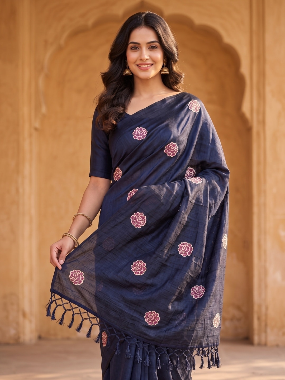 Peachmode Navy Blue Rose Embroidered Vichitra Silk Saree - Image 3