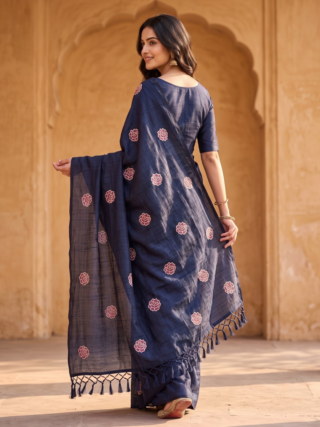 Peachmode Navy Blue Rose Embroidered Vichitra Silk Saree - Image 4
