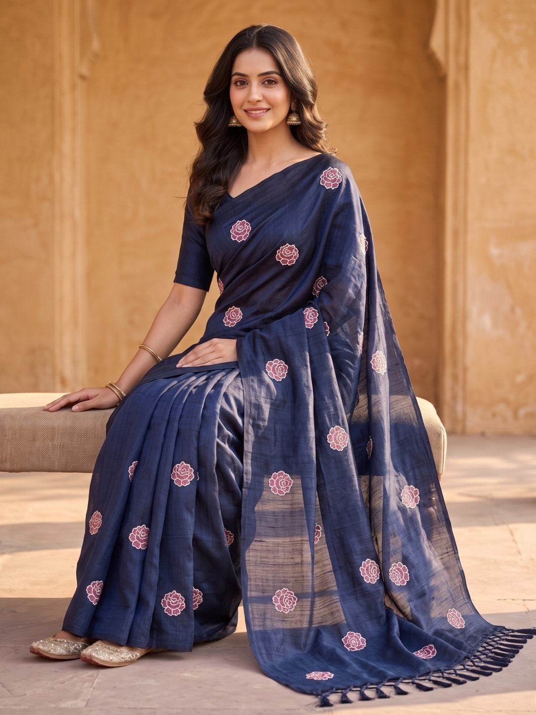 Peachmode Navy Blue Rose Embroidered Vichitra Silk Saree - Image 5