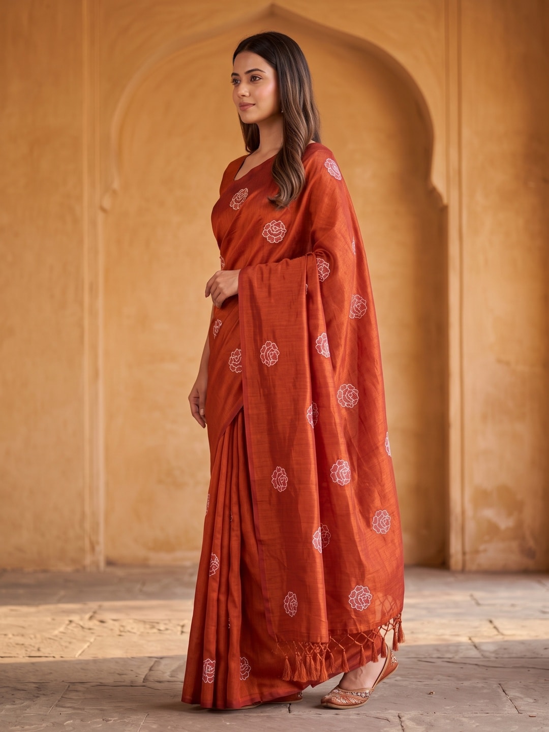 Peachmode Orange Rose Embroidered Vichitra Silk Saree - Image 2