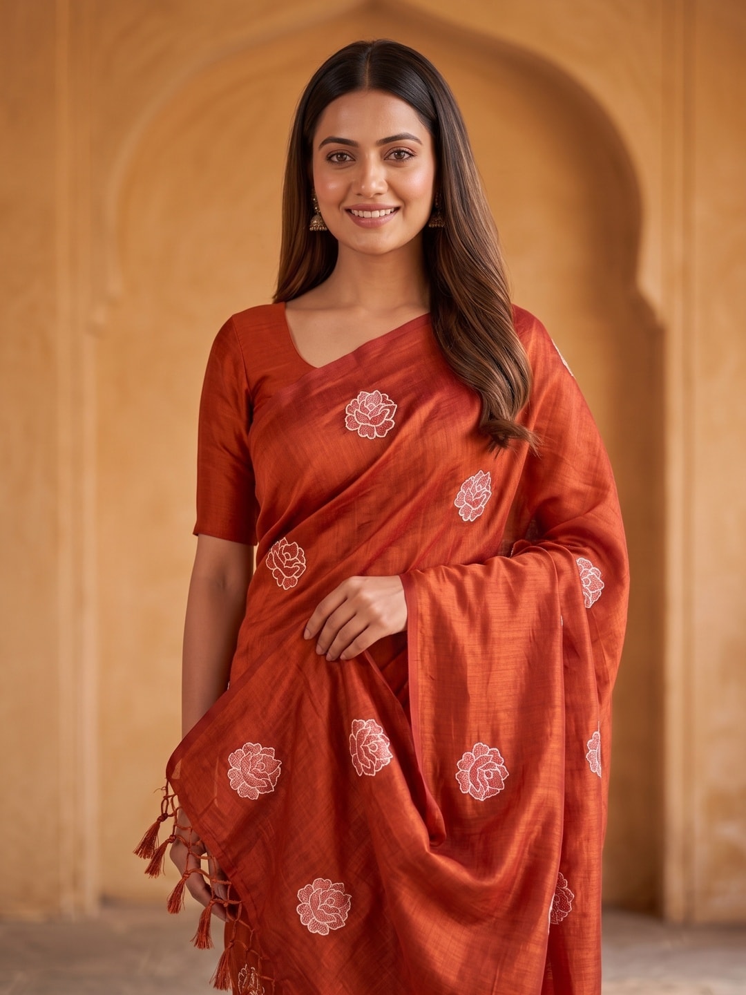 Peachmode Orange Rose Embroidered Vichitra Silk Saree - Image 3