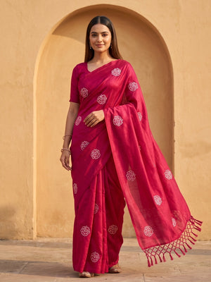 Peachmode Pink Rose Embroidered Vichitra Silk Saree - Image 1