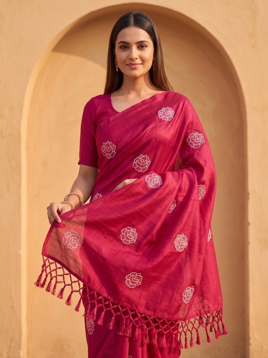 Peachmode Pink Rose Embroidered Vichitra Silk Saree - Image 3
