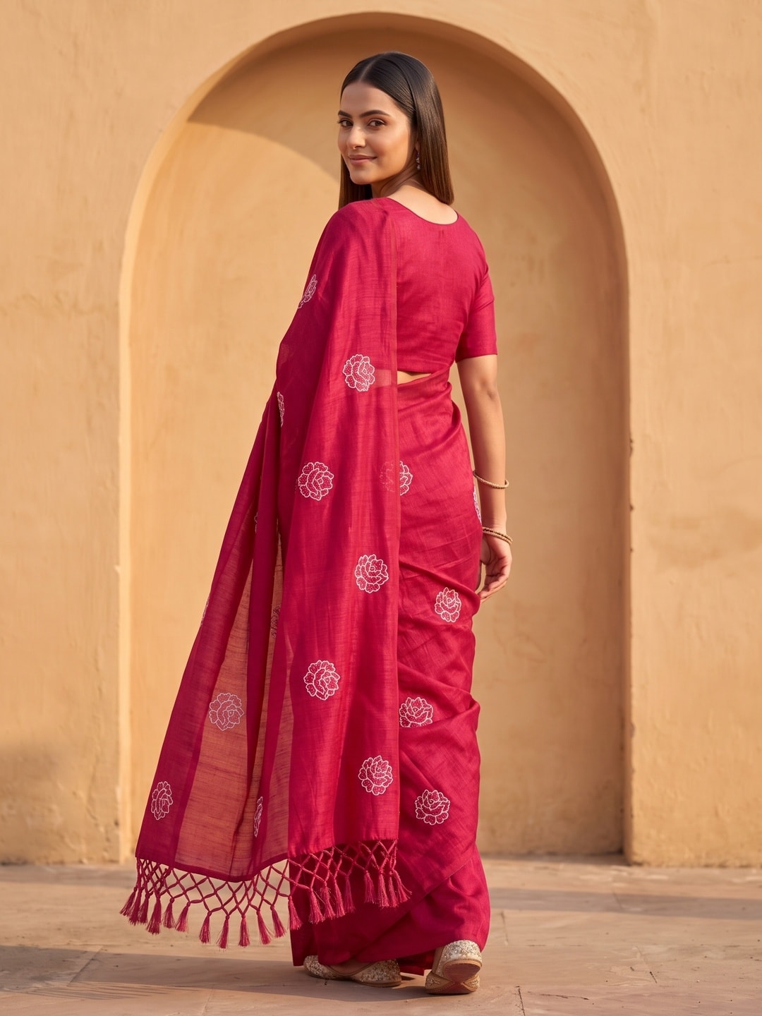 Peachmode Pink Rose Embroidered Vichitra Silk Saree - Image 4