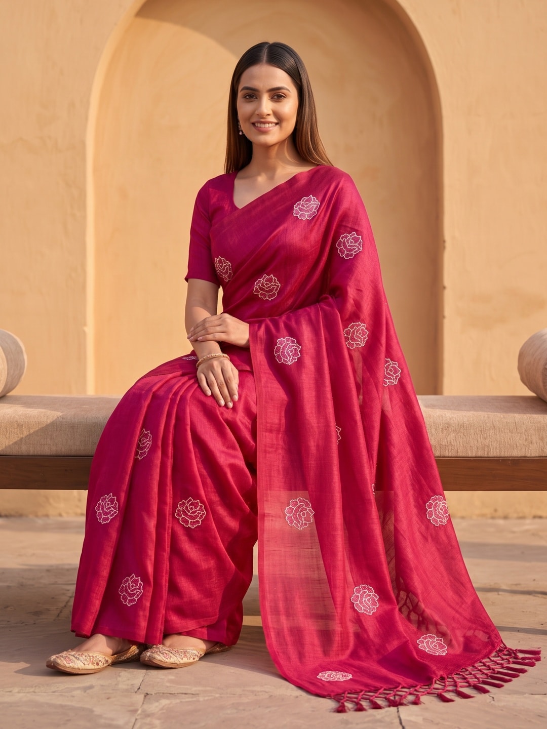 Peachmode Pink Rose Embroidered Vichitra Silk Saree - Image 5