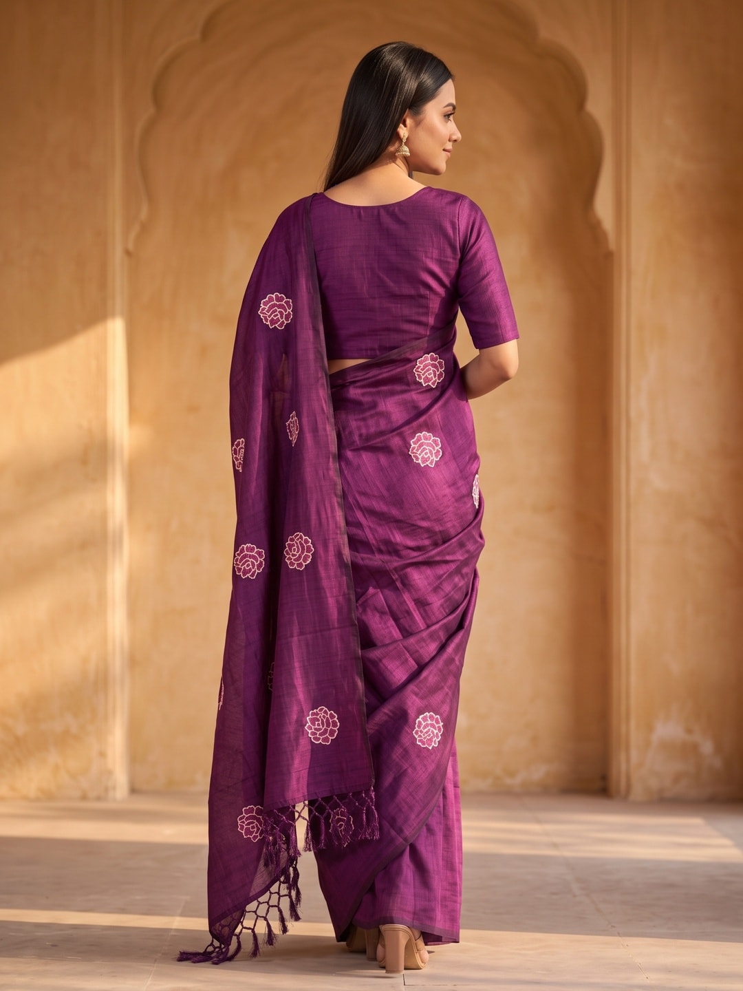 Peachmode Purple Rose Embroidered Vichitra Silk Saree - Image 4