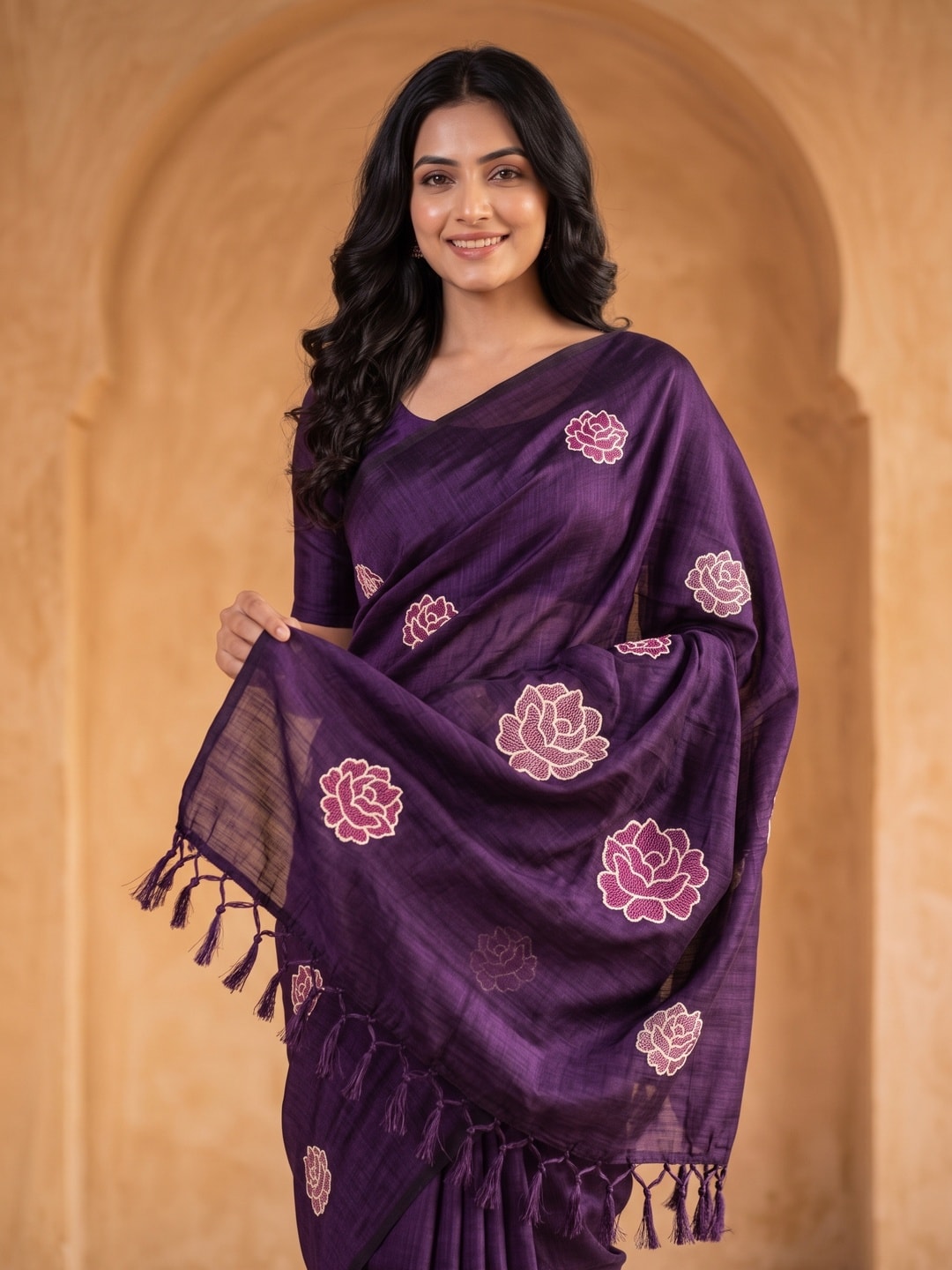 Peachmode Violet Rose Embroidered Vichitra Silk Saree - Image 3