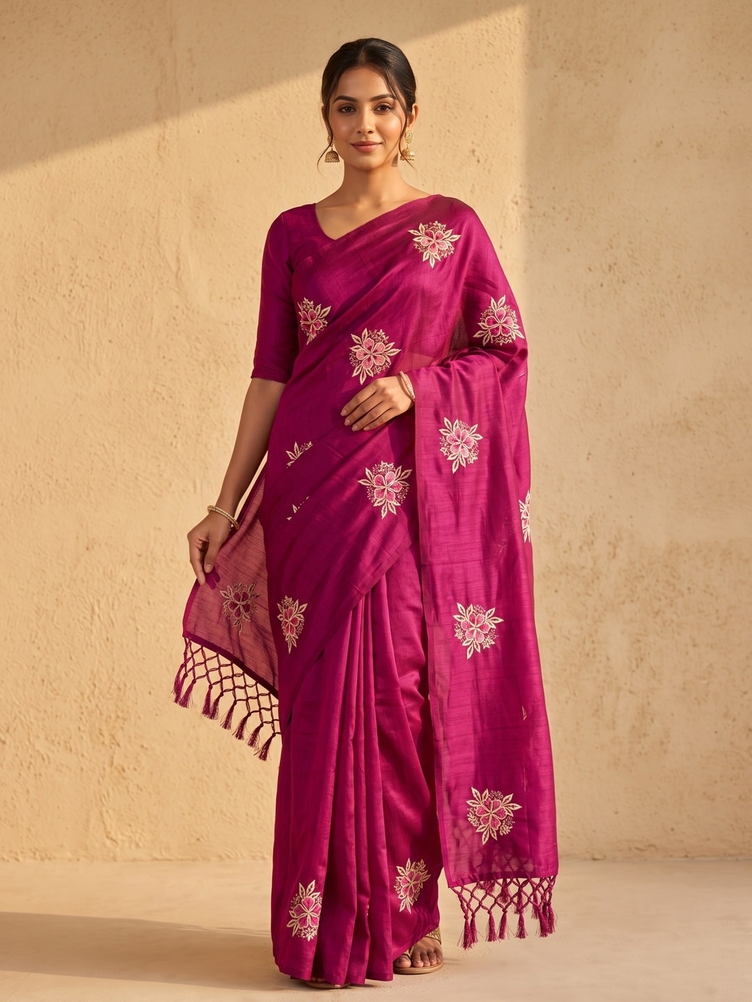 Peachmode Magenta Floral Embroidered Vichitra Silk Saree - Image 1