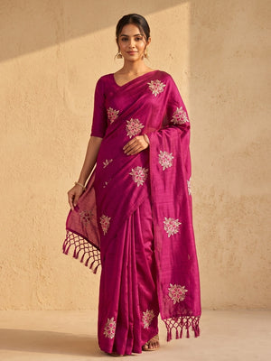 Peachmode Magenta Floral Embroidered Vichitra Silk Saree - Image 1