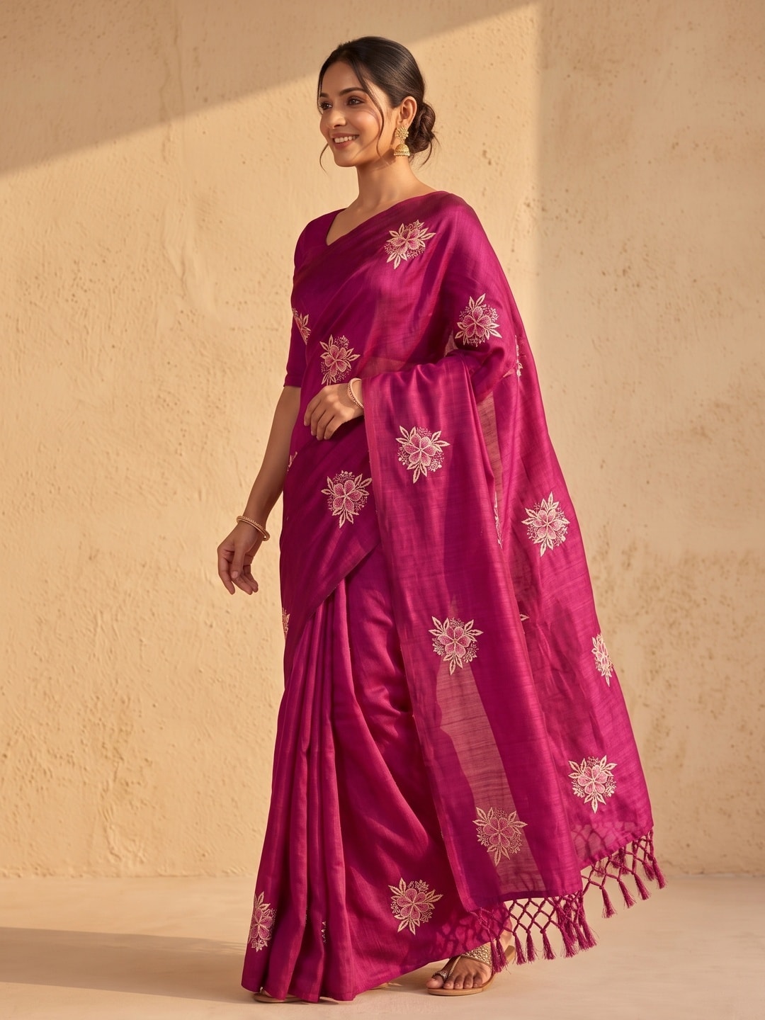 Peachmode Magenta Floral Embroidered Vichitra Silk Saree - Image 2