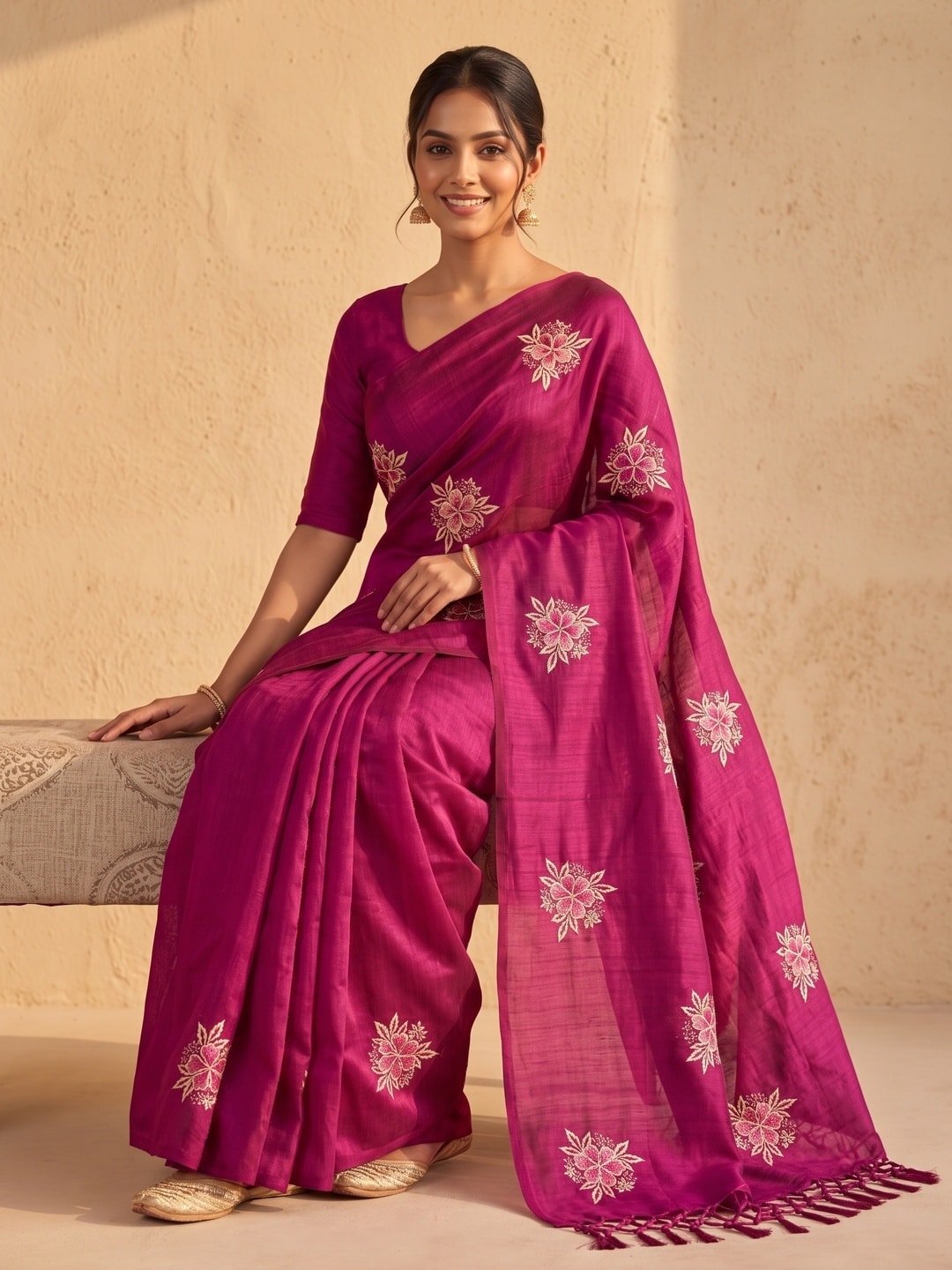 Peachmode Magenta Floral Embroidered Vichitra Silk Saree - Image 5
