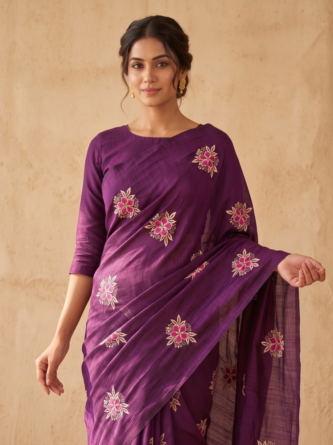 Peachmode Purple Floral Embroidered Vichitra Silk Saree - Image 3