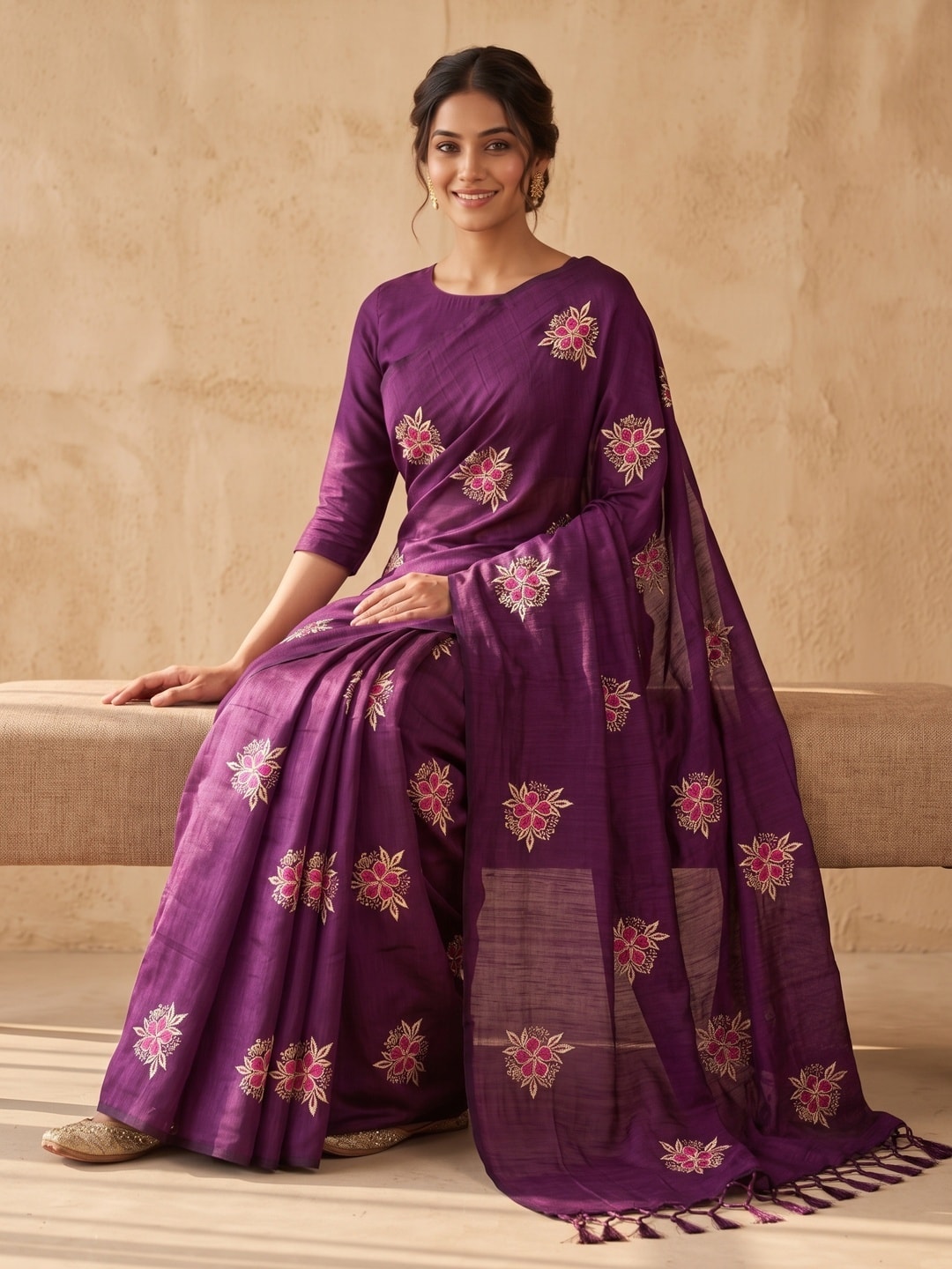 Peachmode Purple Floral Embroidered Vichitra Silk Saree - Image 5