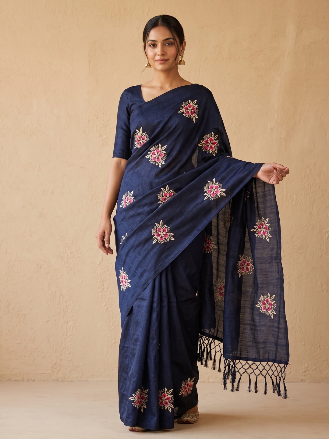 Peachmode Navy Blue Floral Embroidered Vichitra Silk Saree - Image 1