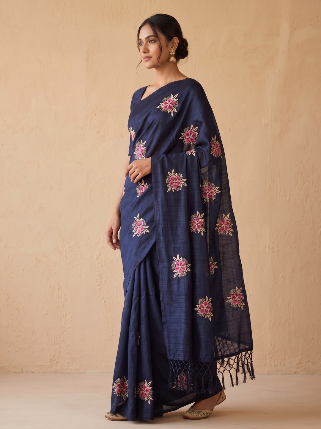 Peachmode Navy Blue Floral Embroidered Vichitra Silk Saree - Image 2