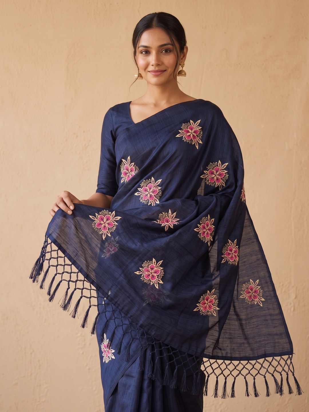 Peachmode Navy Blue Floral Embroidered Vichitra Silk Saree - Image 3