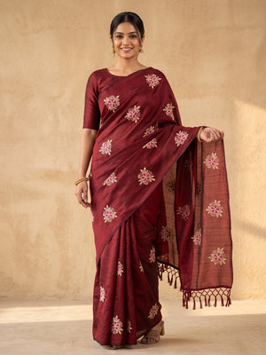 Peachmode Maroon Floral Embroidered Vichitra Silk Saree - Image 1