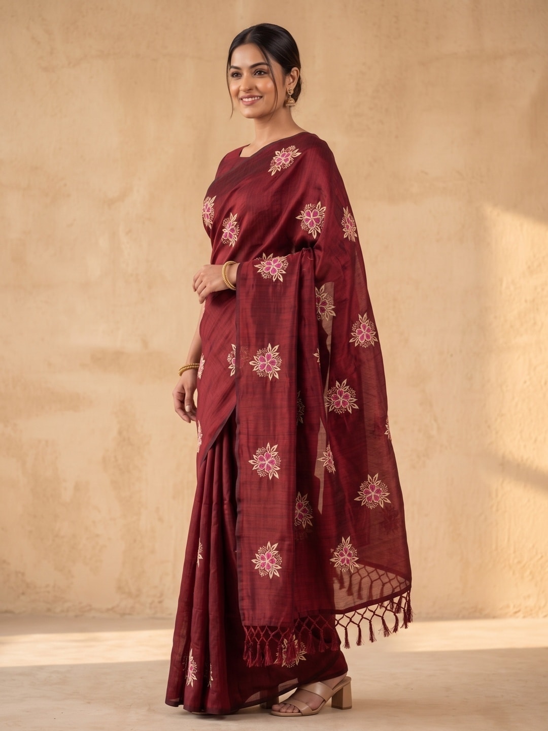 Peachmode Maroon Floral Embroidered Vichitra Silk Saree - Image 2